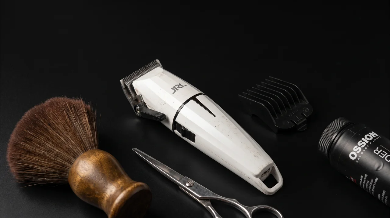 Máquina, tijeras y brocha de barbería en Ron Barbershop.